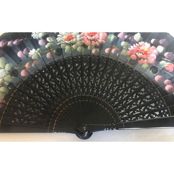 Vintage Hand Held Silk Paper Fan Signed By the Artist Black With Hand Painted - Picture 8 of 10